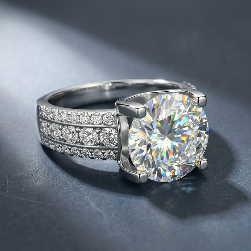 Triple-Row Pave Wide Shank Round Moissanite Engagement Ring