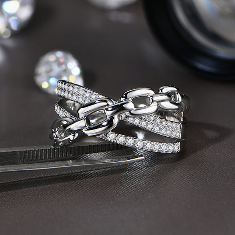 Triple Criss-Cross Moissanite Interlocking Half Eternity Wedding Band Ring