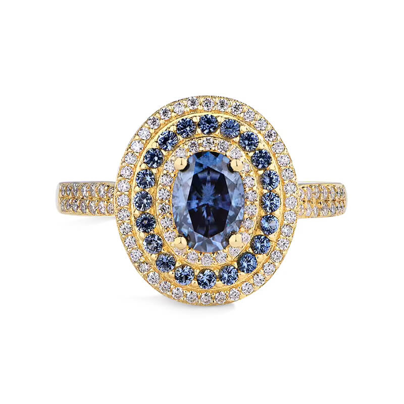 Triple Halo Oval Cut Blue Moissanite Dual-Row Pave Engagement Ring