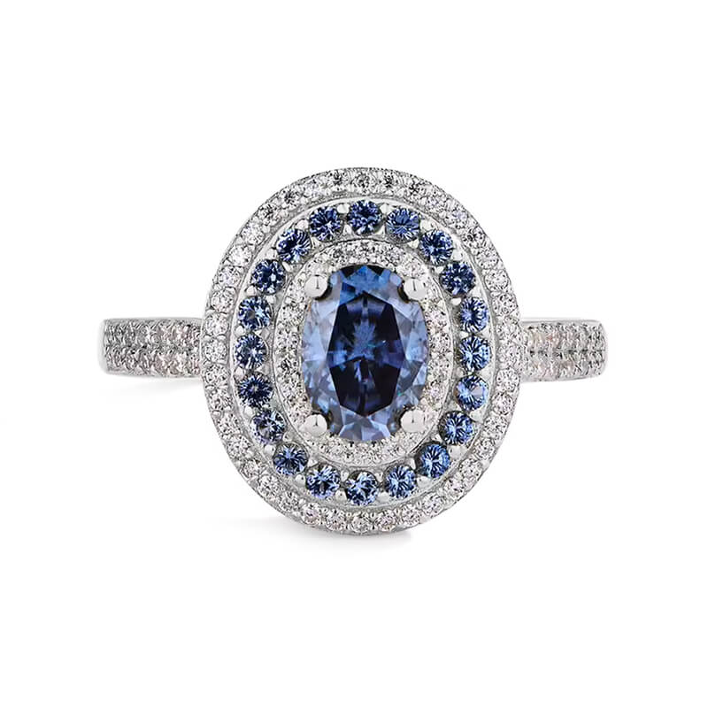 Triple Halo Oval Cut Blue Moissanite Dual-Row Pave Engagement Ring