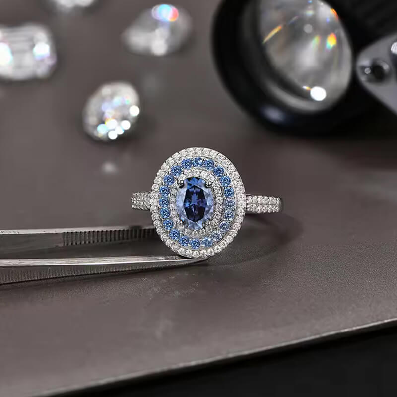 Triple Halo Oval Cut Blue Moissanite Dual-Row Pave Engagement Ring