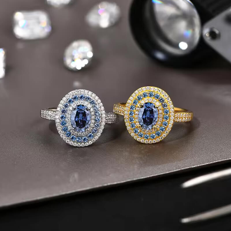 Triple Halo Oval Cut Blue Moissanite Dual-Row Pave Engagement Ring