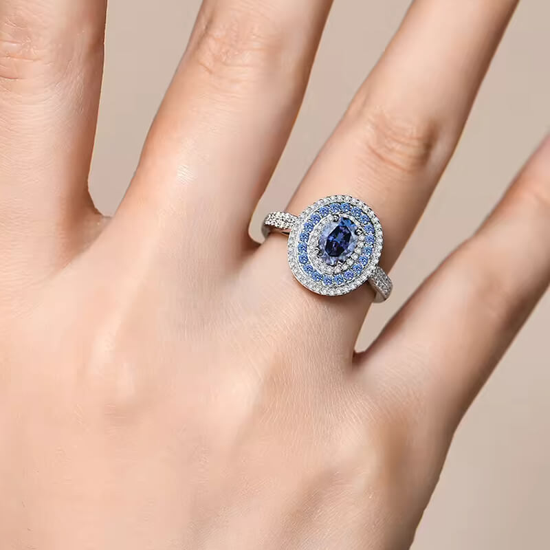 Triple Halo Oval Cut Blue Moissanite Dual-Row Pave Engagement Ring