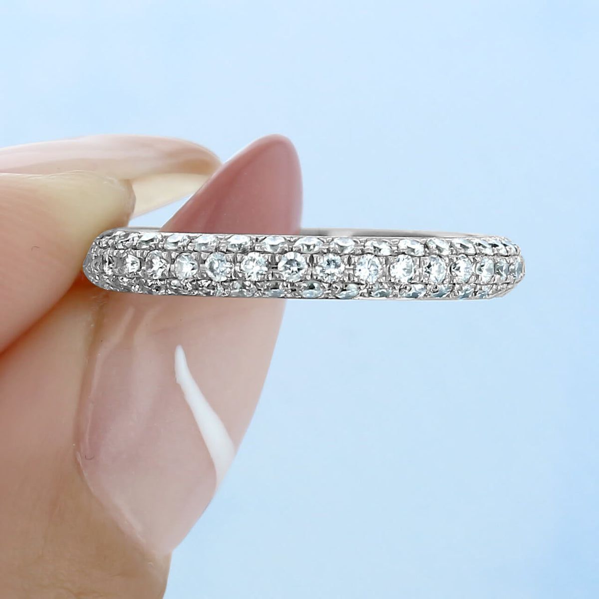 Triple Pave Moissanite Half Eternity Wedding Band Stackable Ring