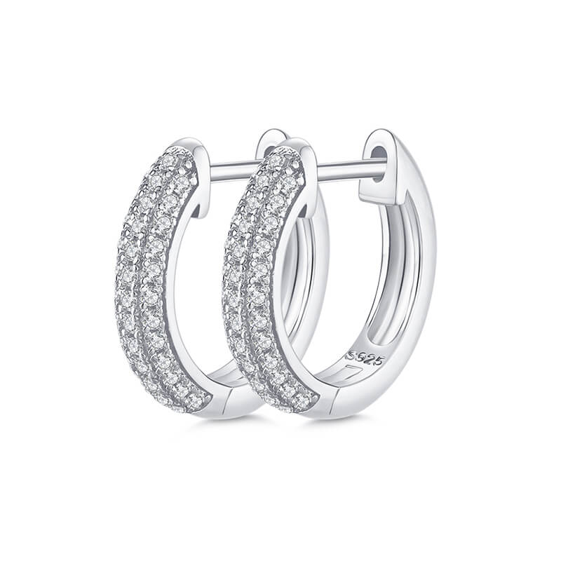 Triple Row Moissanite Pave Hoop Earrings In Sterling Silver