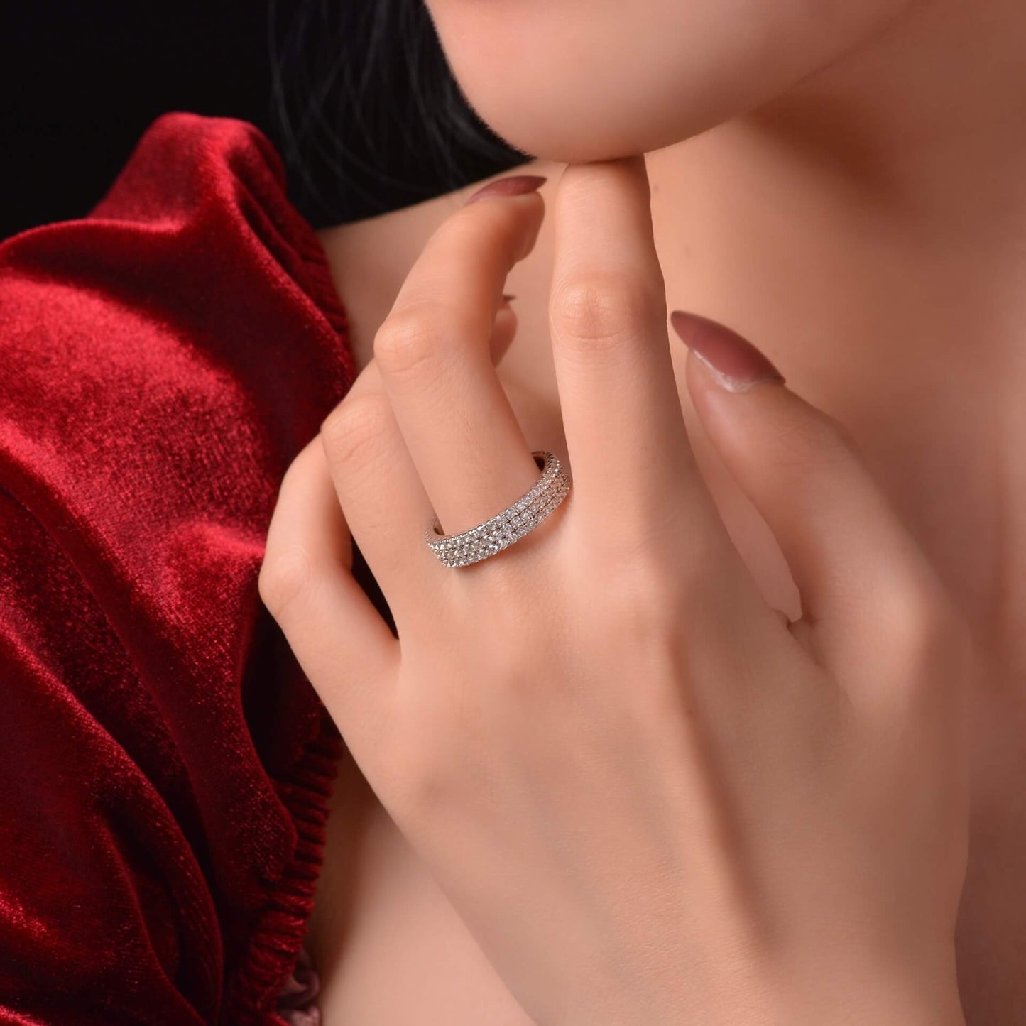 Triple Row Pavé Moissanite Eternity Wedding Band
