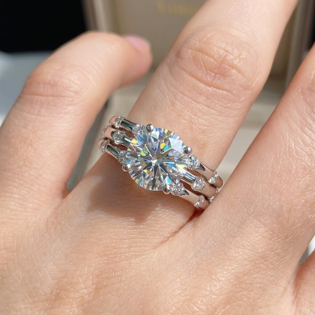 Triple Row Bamboo Round Moissanite Engagement Ring