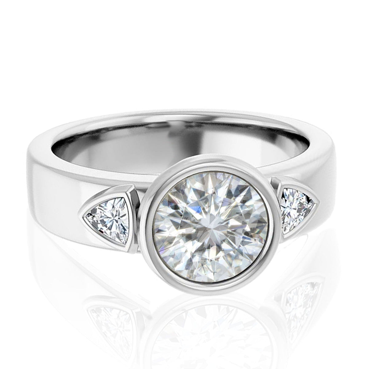 Trudy- Three Stone Bezel set Round Moissanite Engagement Ring with Trillion Side Accents