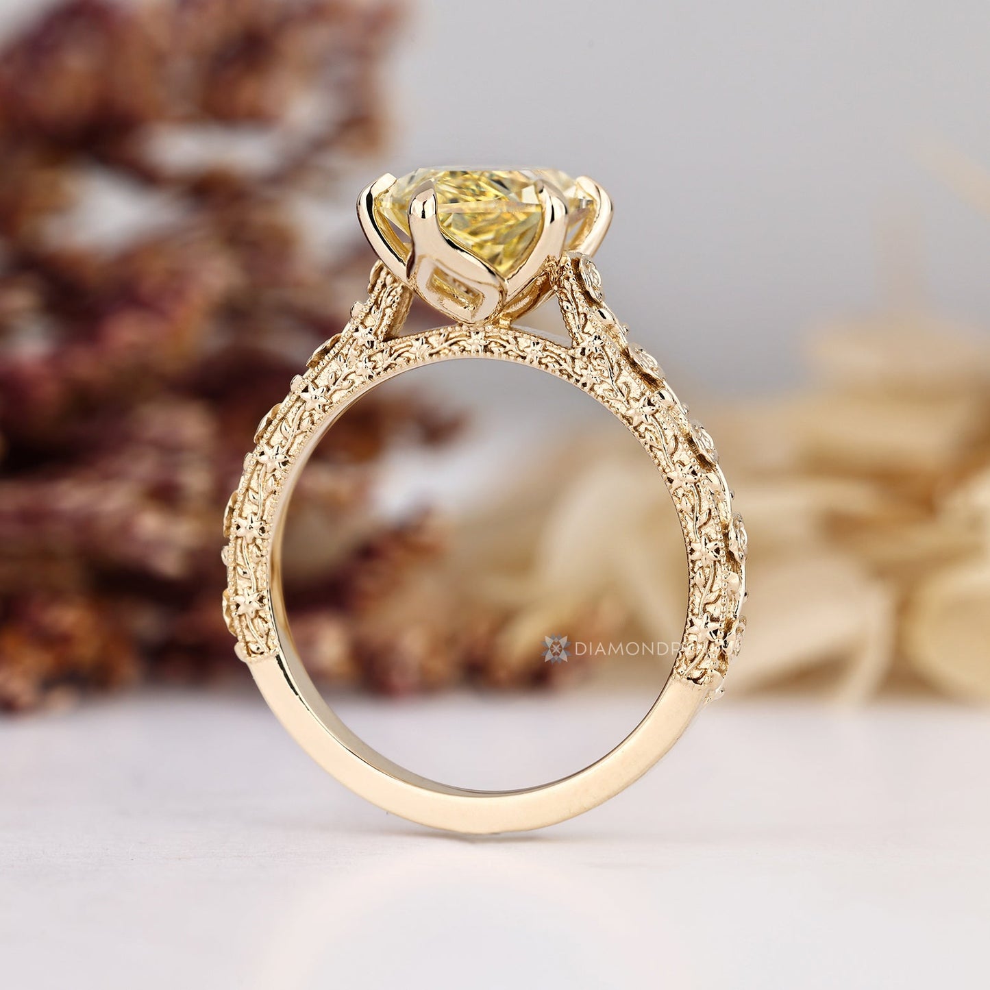 Yellow Dutch Marquise Diamond Ring with Art Deco Milgrain Details