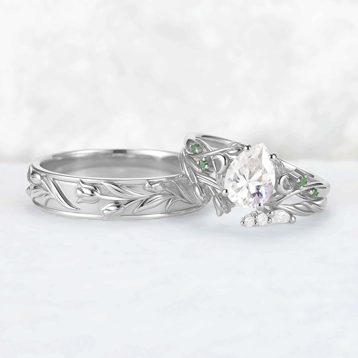Tulip Inspired Pear Cut Moissanite with Moon Couple Ring