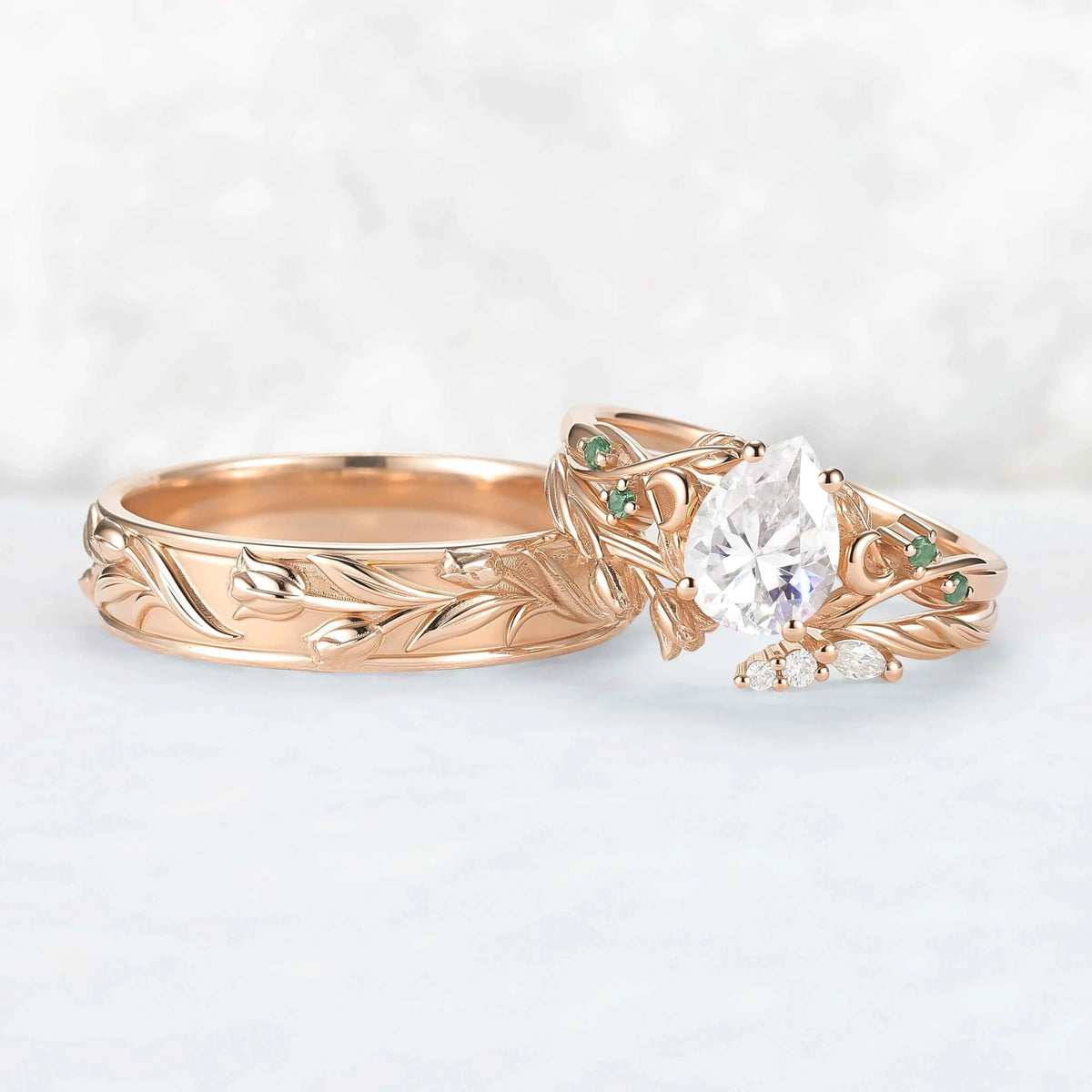 Tulip Inspired Pear Cut Moissanite with Moon Couple Ring