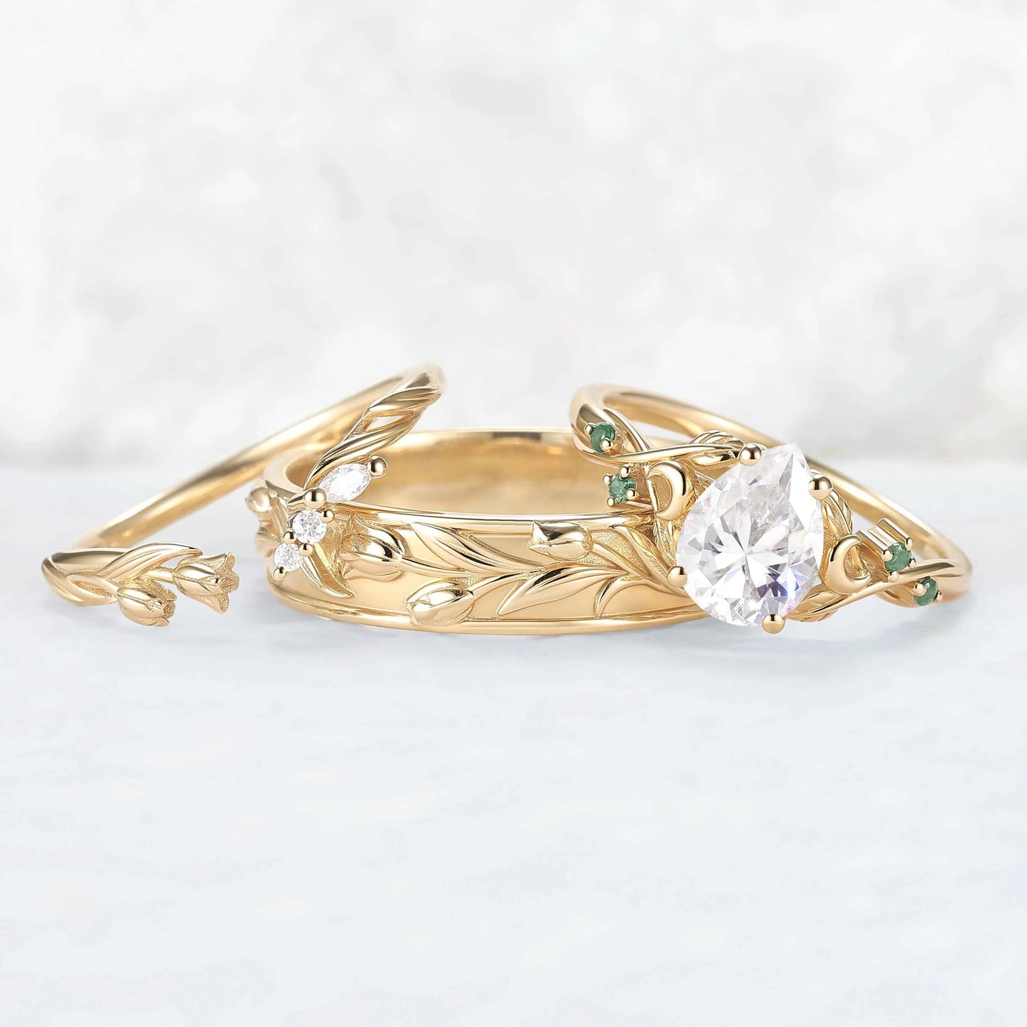 Tulip Inspired Pear Cut Moissanite with Moon Couple Ring