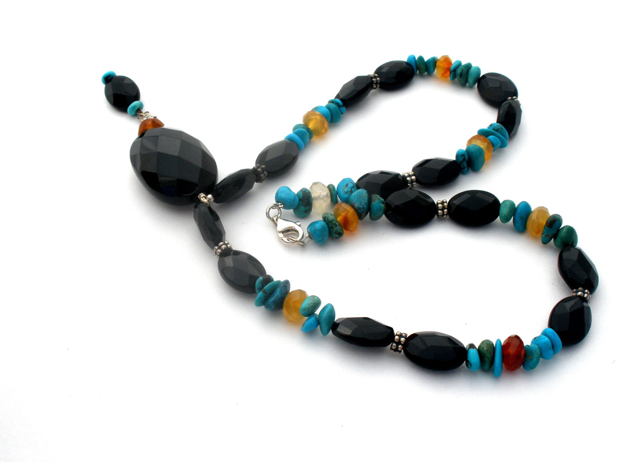 Turquoise Black Onyx & Carnelian Necklace 16"