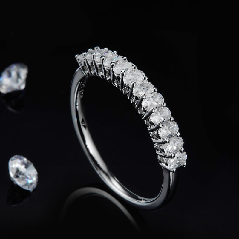 Twelve Stone Oval Moissanite Half Eternity Wedding Band Ring In Sterling Silver