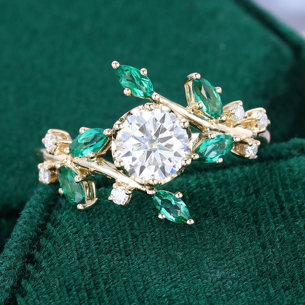 TwigLine Moissanite & Emerald Bypass Ring Nature Inspired Round Cut Engagement Ring