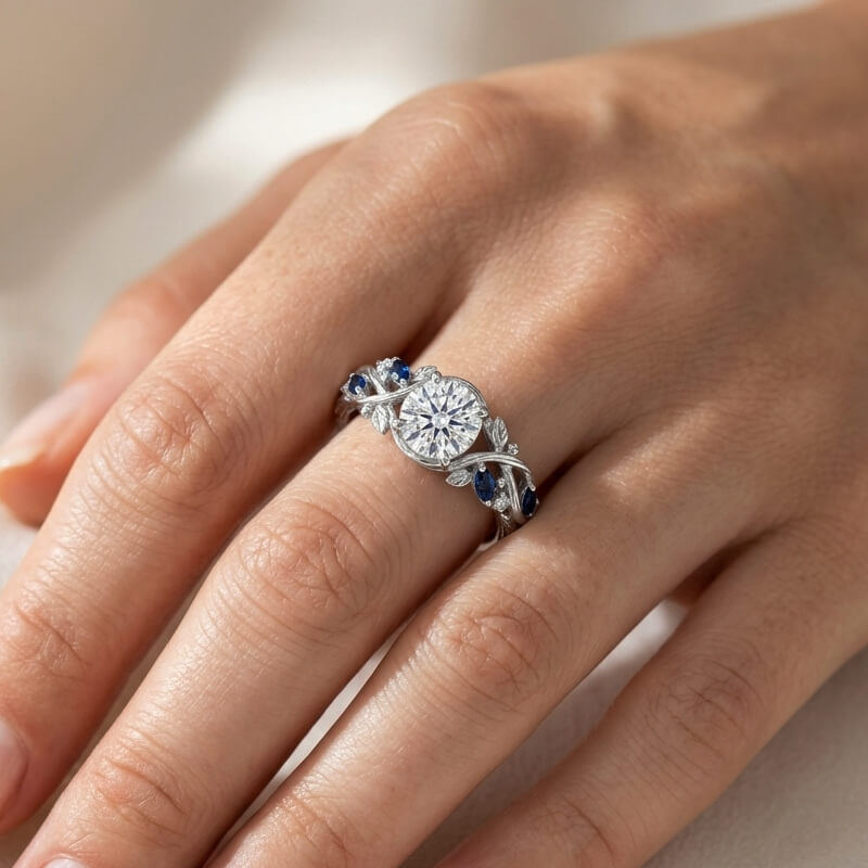 Twisted Leaf with Marquise Sapphire Accents Moissanite Engagement Ring
