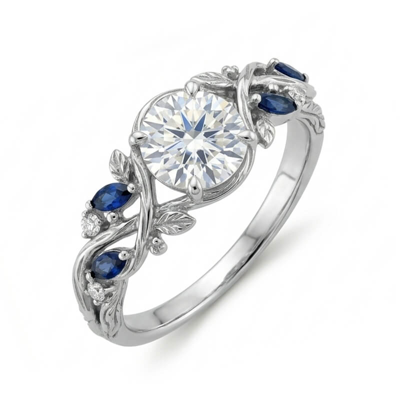 Twisted Leaf with Marquise Sapphire Accents Moissanite Engagement Ring
