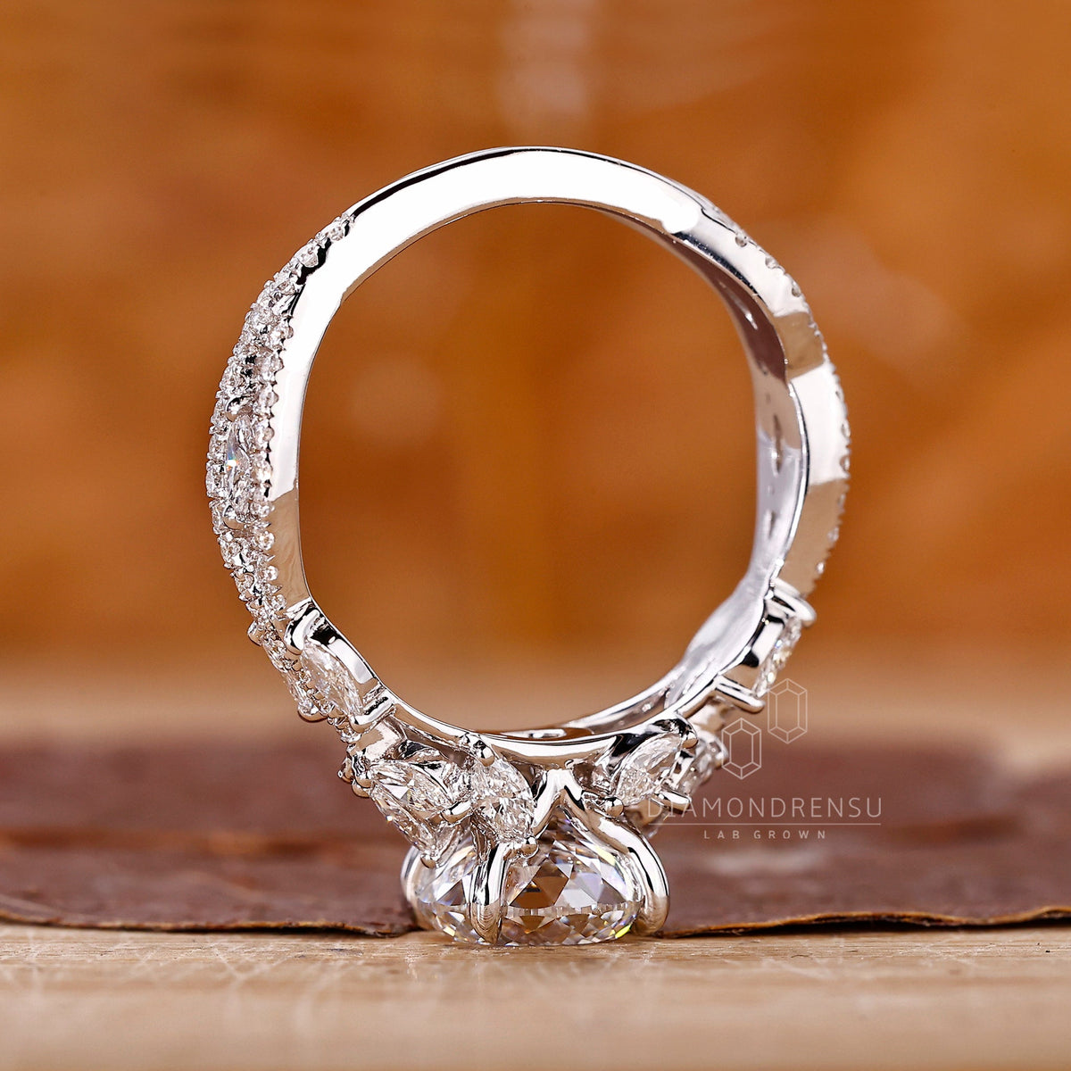 Vintage Style Portuguese Cut Diamond Ring with Twisted Pave Band