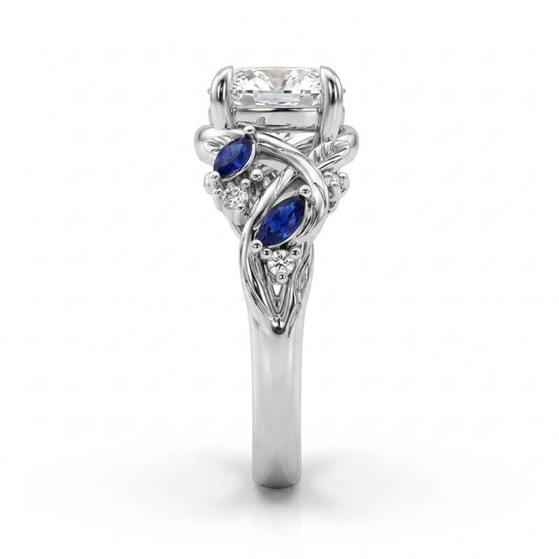 Twisted Leaf with Marquise Sapphire Accents Moissanite Engagement Ring