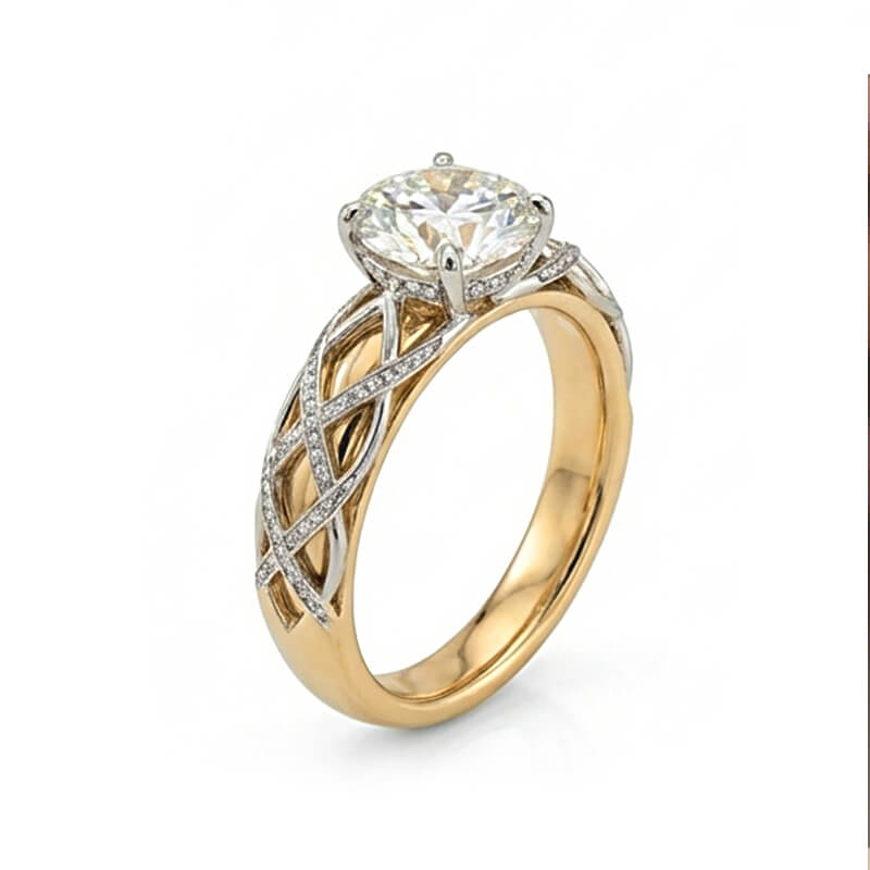Hidden Halo Two-Tone Celtic Lattice Pave Moissanite Engagement Ring