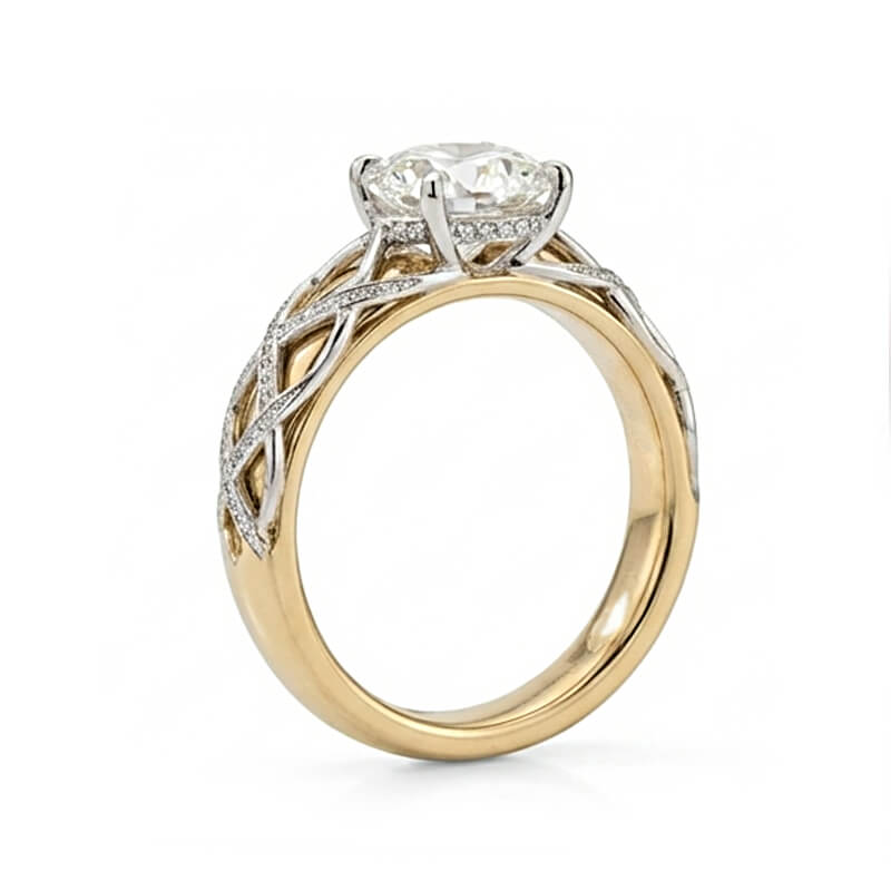 Hidden Halo Two-Tone Celtic Lattice Pave Moissanite Engagement Ring