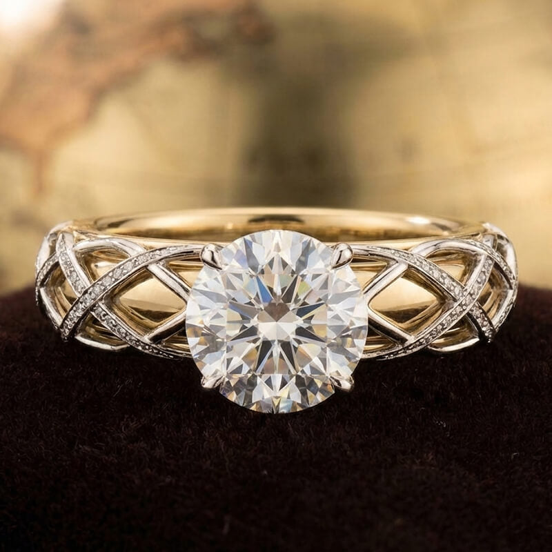 Hidden Halo Two-Tone Celtic Lattice Pave Moissanite Engagement Ring