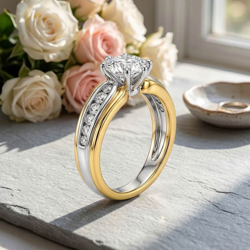 Two-Tone Round Moissanite Channel Set Engagement Ring