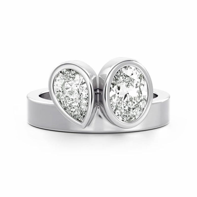 Two Stone Bezel Oval And Pear Moissanite Wide Shank Engagement Ring