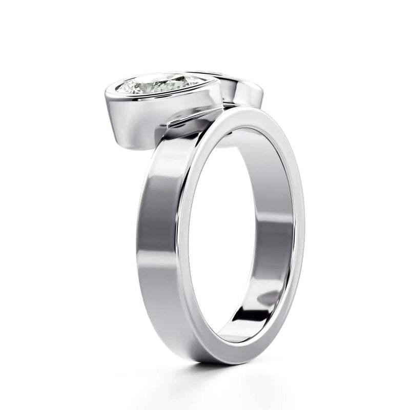 Two Stone Bezel Oval And Pear Moissanite Wide Shank Engagement Ring