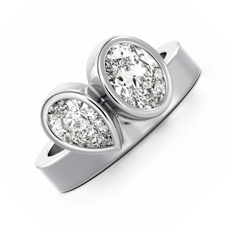 Two Stone Bezel Oval And Pear Moissanite Wide Shank Engagement Ring