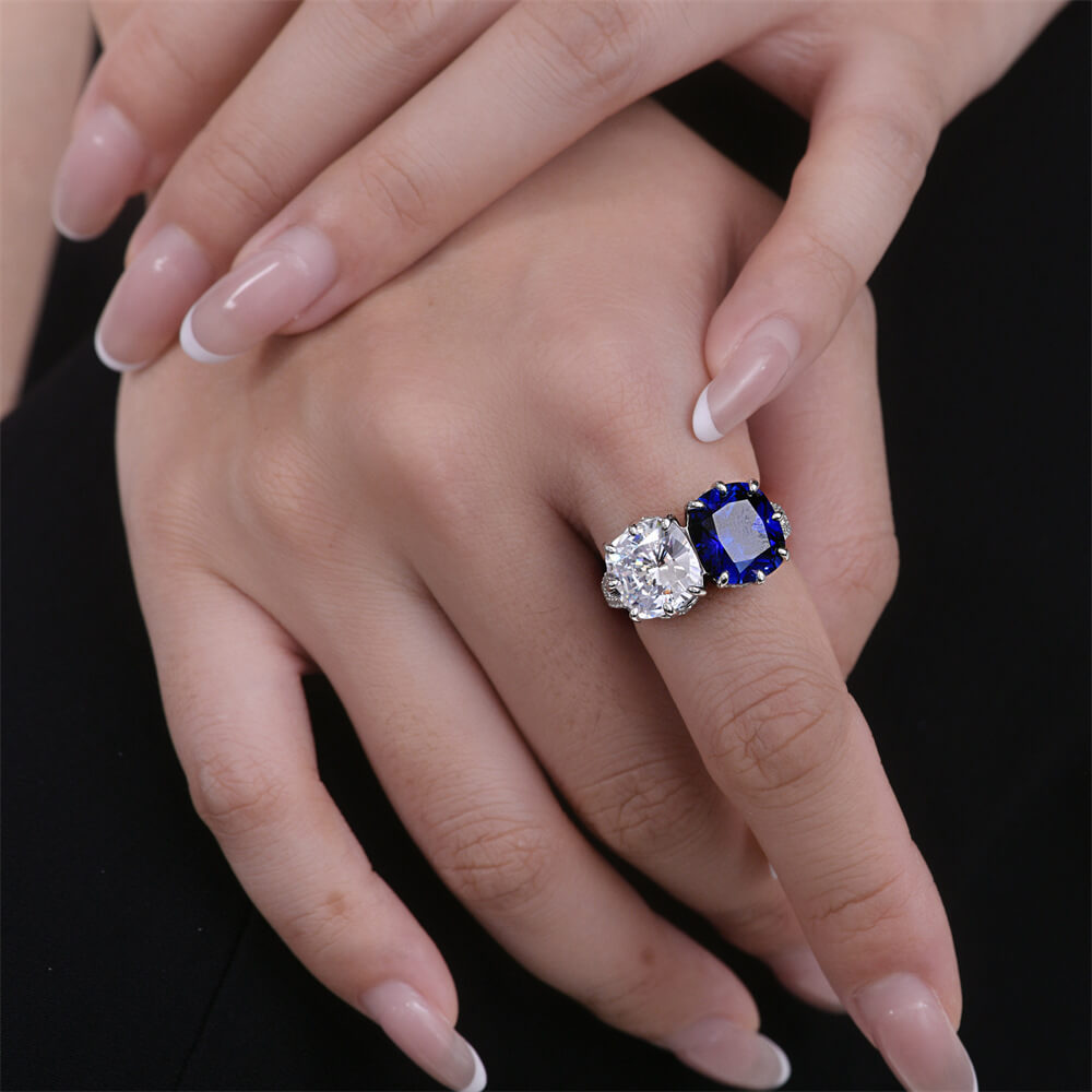 Two Stone Cushion Cut Lab-Created Sapphire Sterling Silver Ring