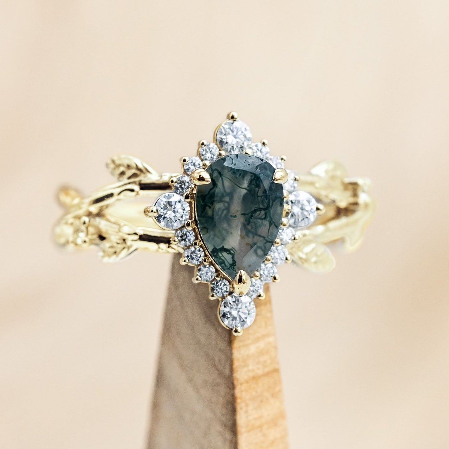 "Artemis On The Vine Divine" - Moss Agate Engagement Ring With Diamond Accents & A Branch-Style Band