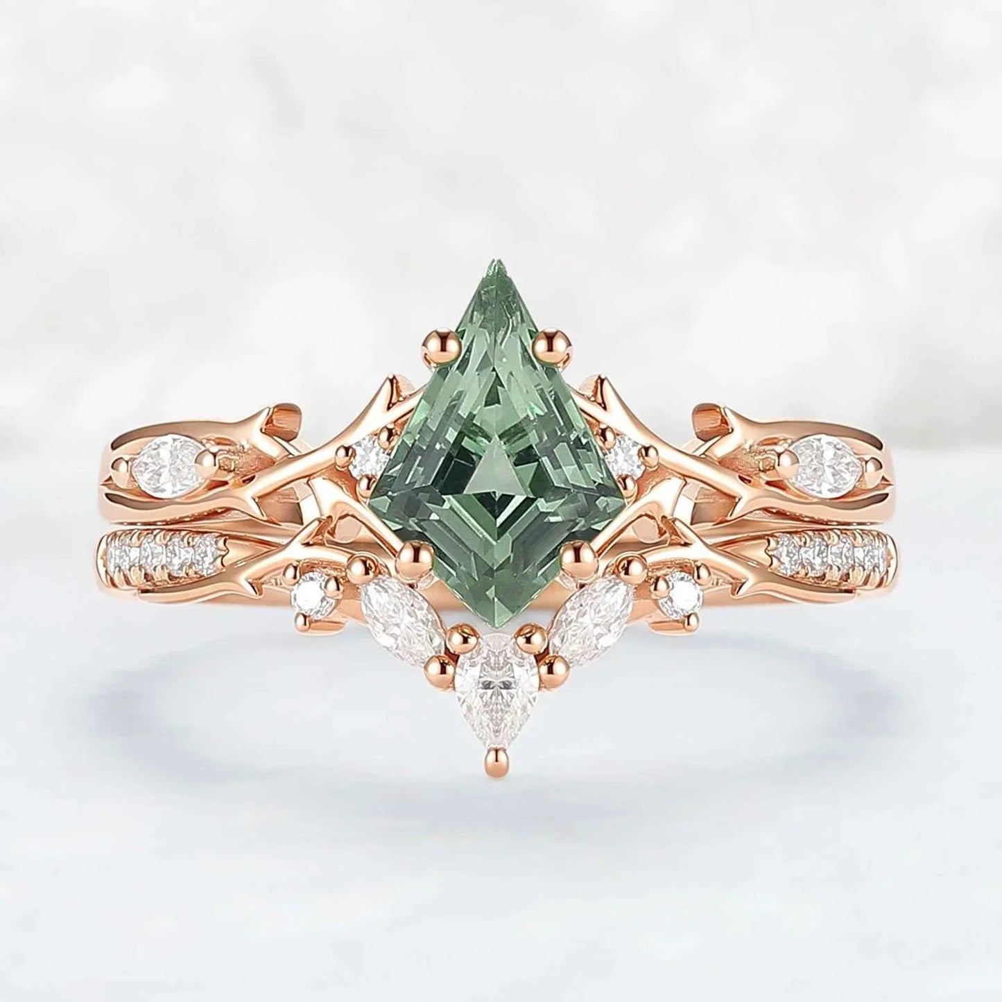 Unique Cluster Kite-Cut Green Sapphire Ring Set with Vine Band Design 2pcs