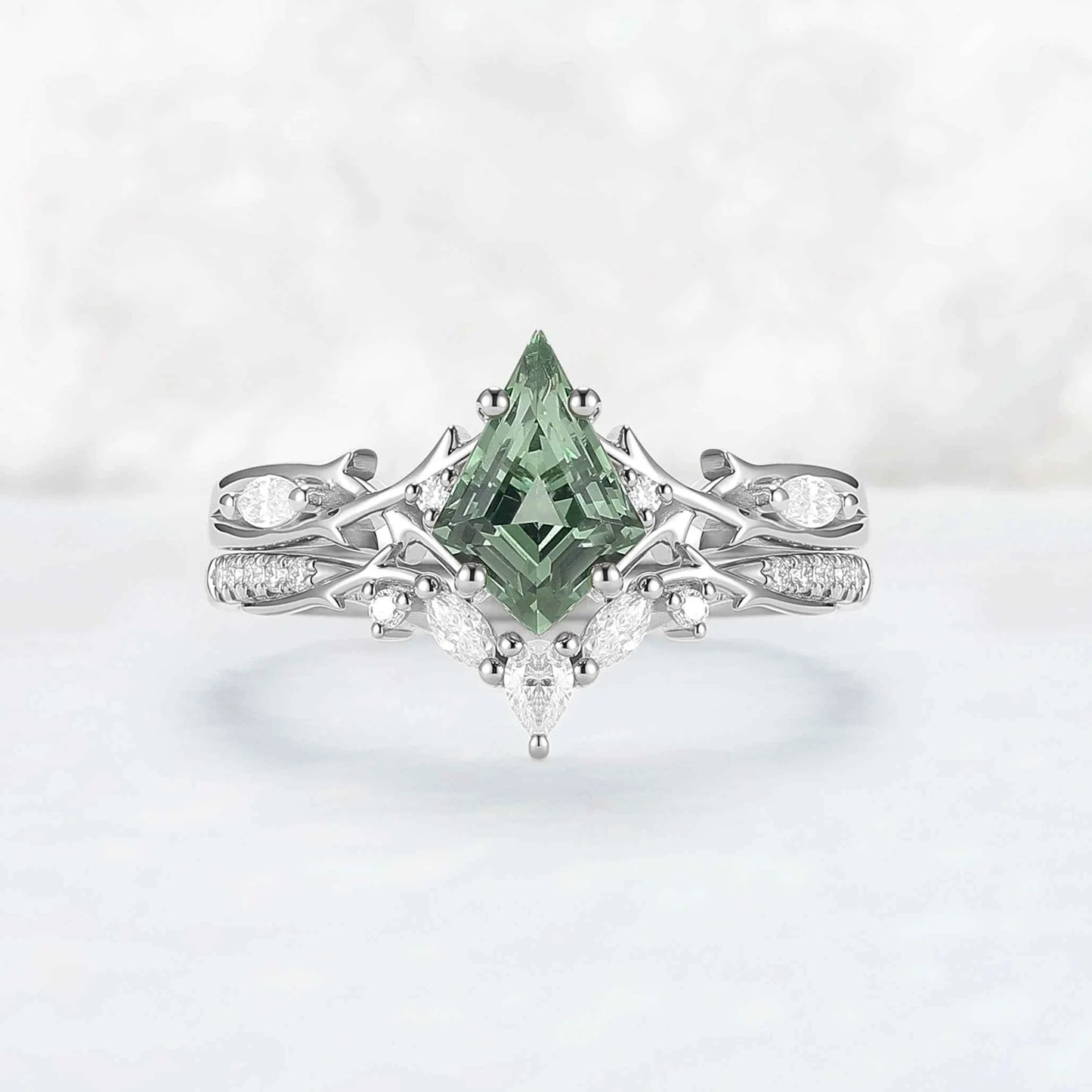 Unique Cluster Kite-Cut Green Sapphire Ring Set with Vine Band Design 2pcs