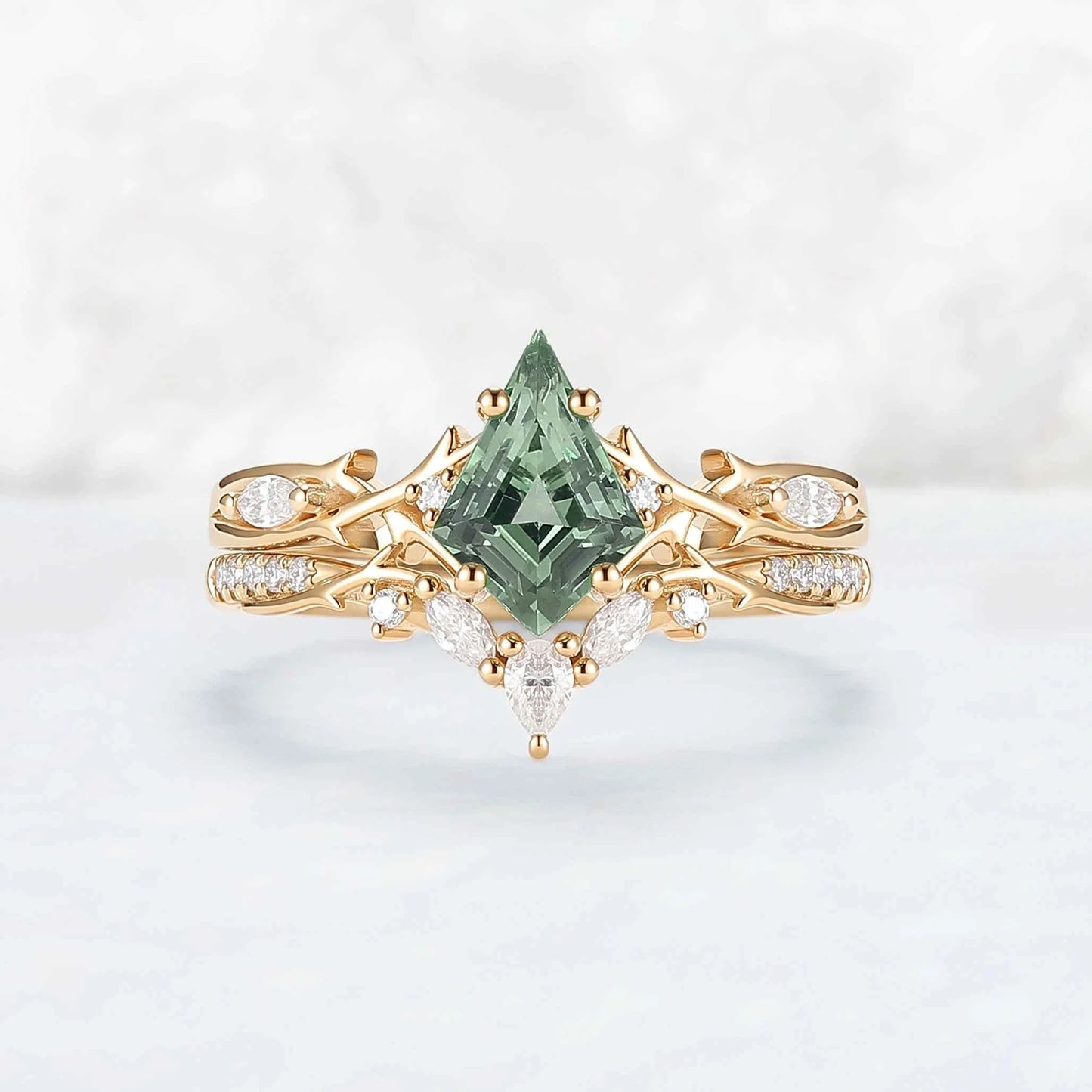 Unique Cluster Kite-Cut Green Sapphire Ring Set with Vine Band Design 2pcs