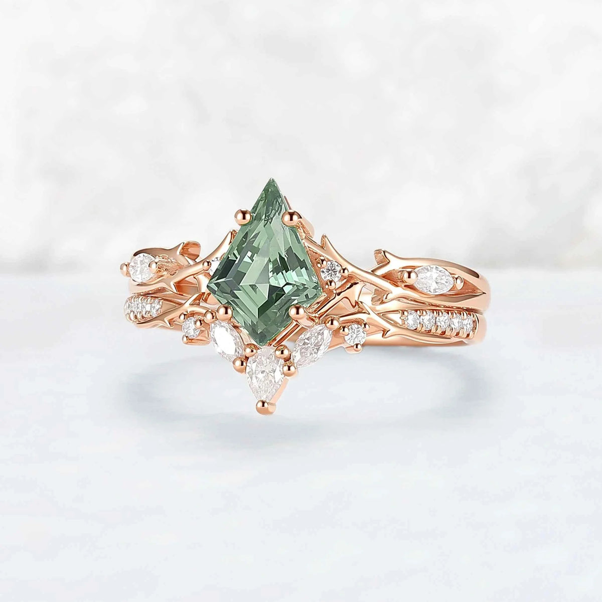 Unique Cluster Kite-Cut Green Sapphire Ring Set with Vine Band Design 2pcs