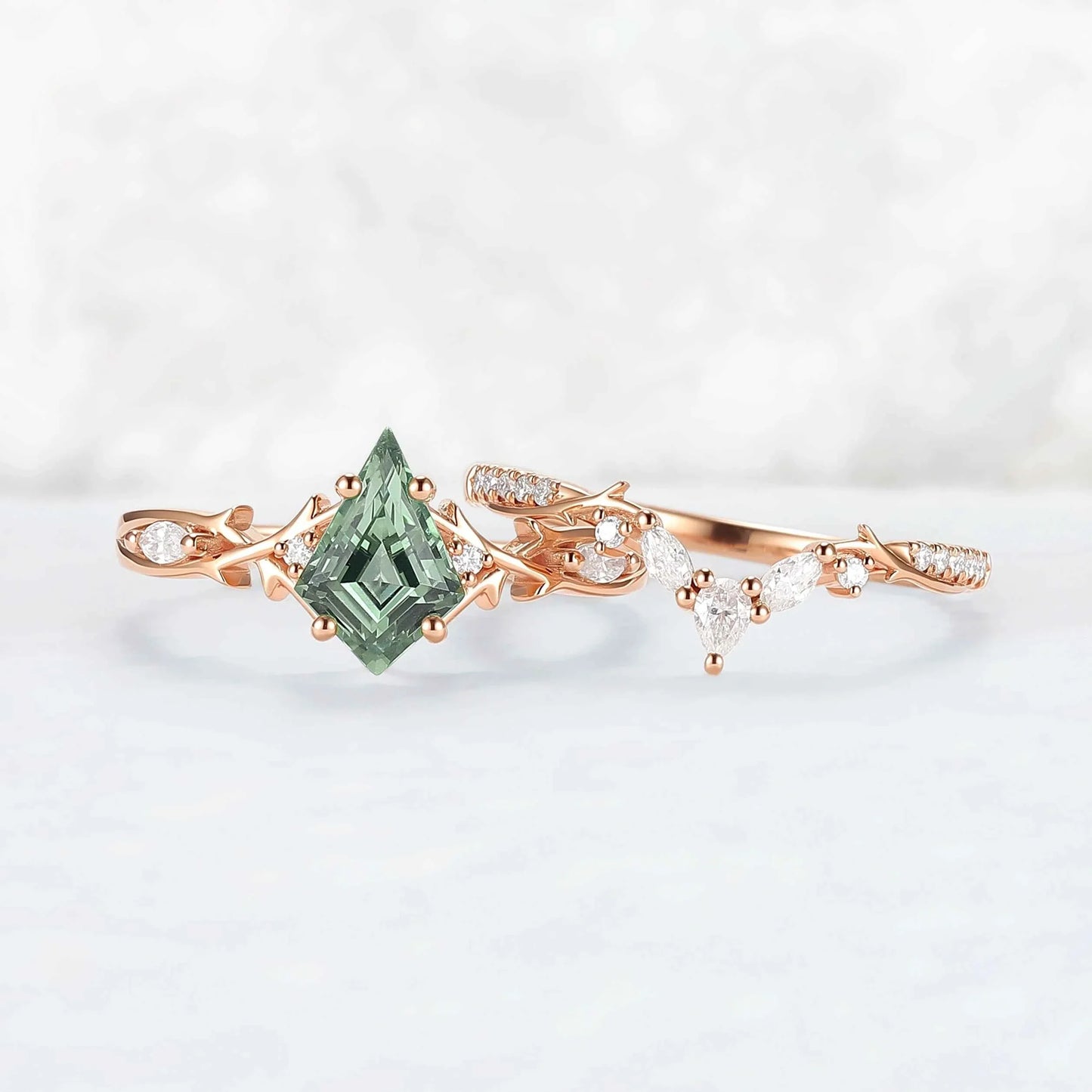 Unique Cluster Kite-Cut Green Sapphire Ring Set with Vine Band Design 2pcs