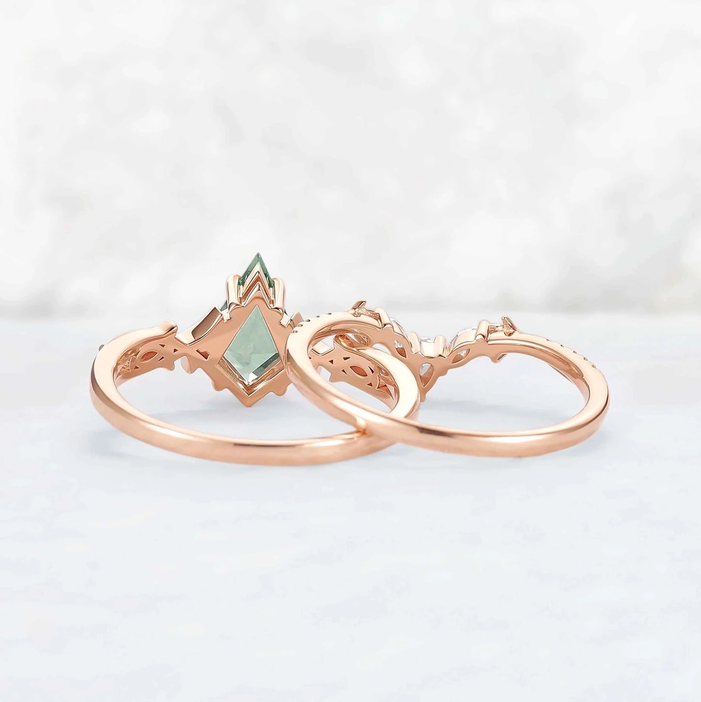Unique Cluster Kite-Cut Green Sapphire Ring Set with Vine Band Design 2pcs