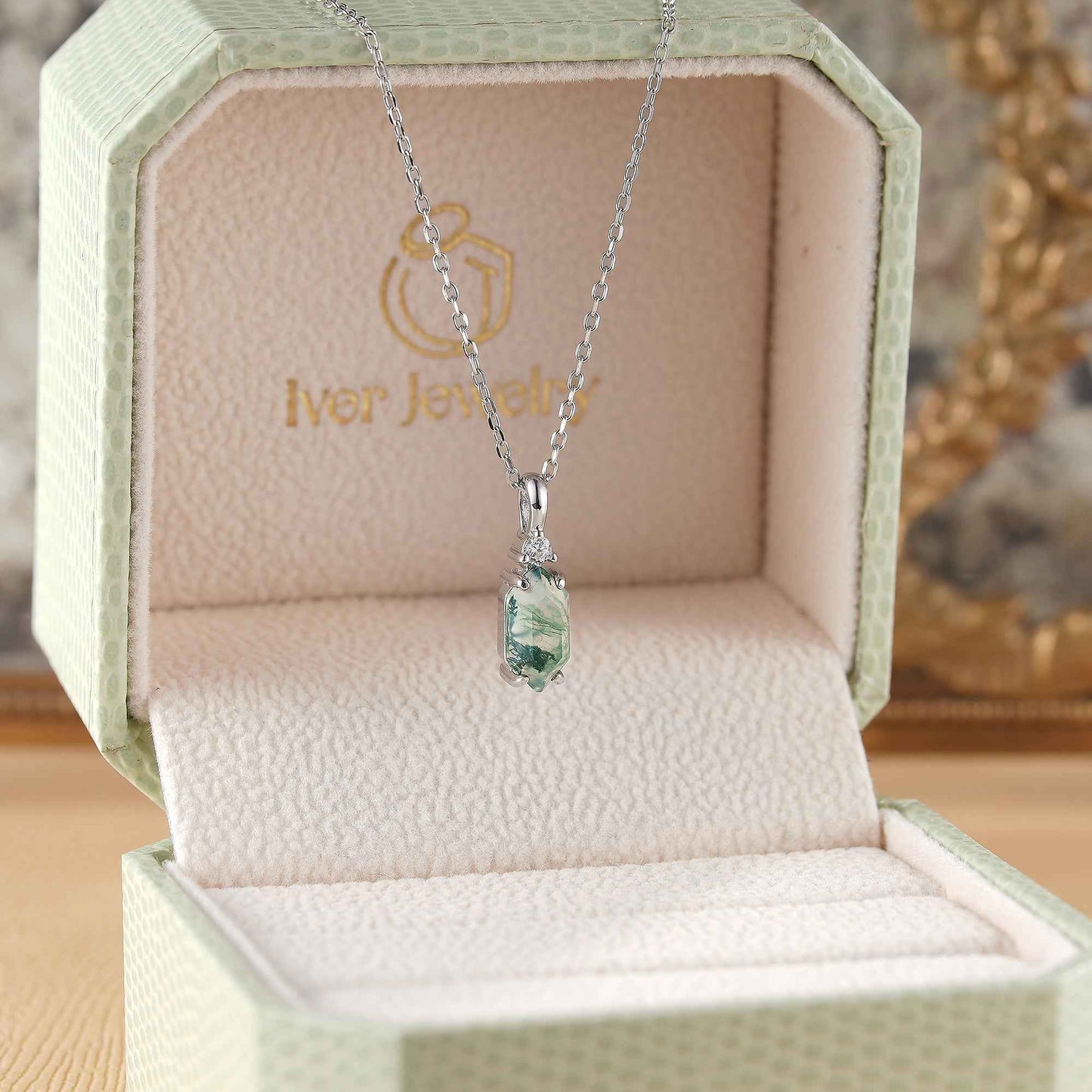 Unique Hexagon Cut Moss Agate Moissanite Silver Pendant