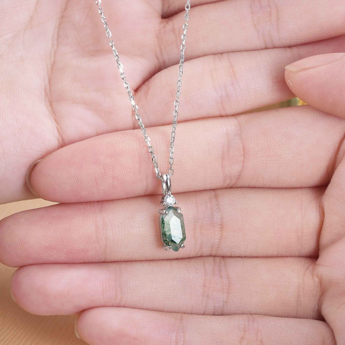 Unique Hexagon Cut Moss Agate Moissanite Pendant - Ready to Ship
