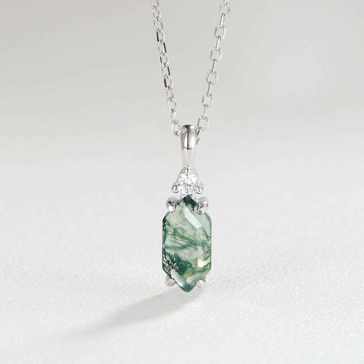 Unique Hexagon Cut Moss Agate Moissanite Pendant - Ready to Ship