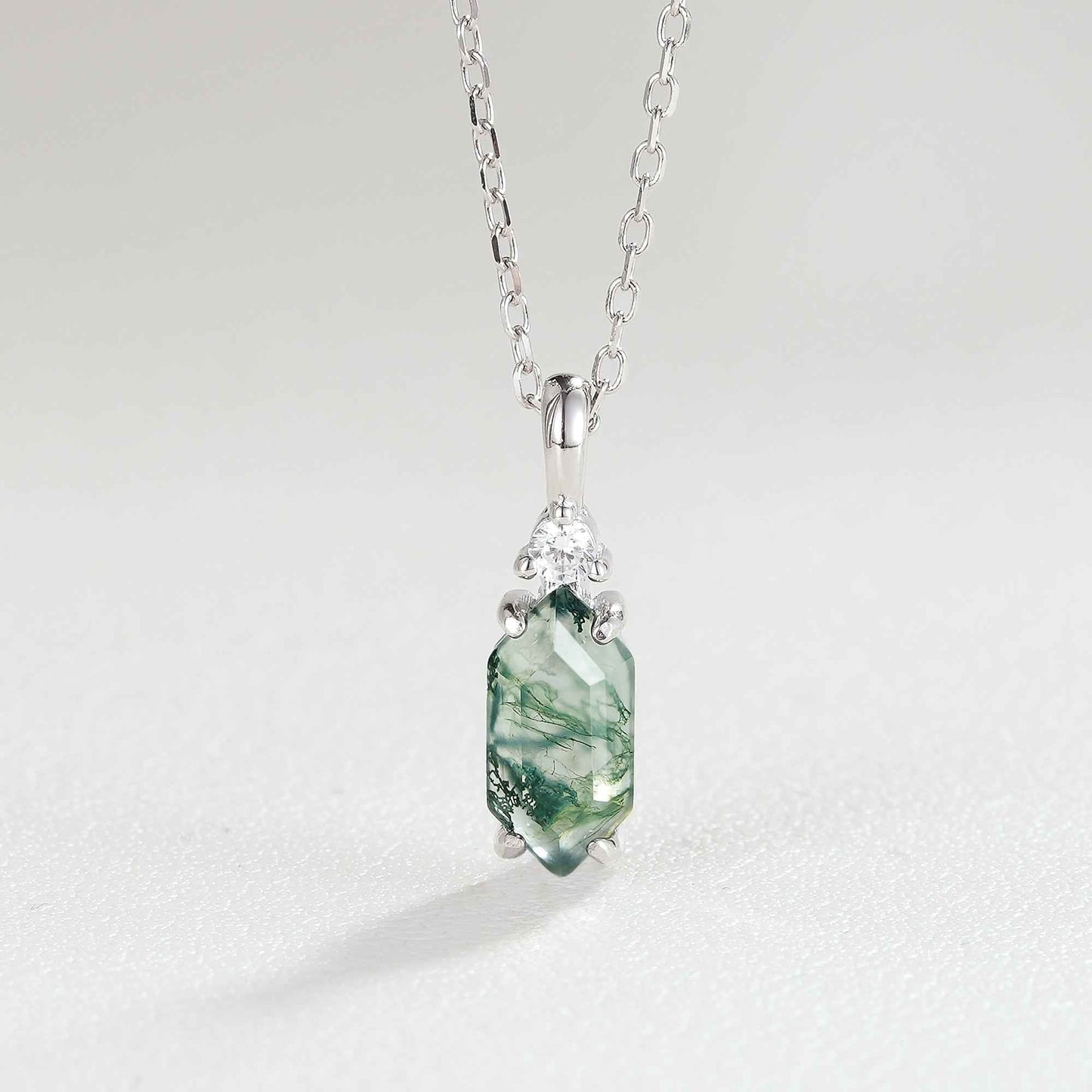 Unique Hexagon Cut Moss Agate Moissanite Silver Pendant