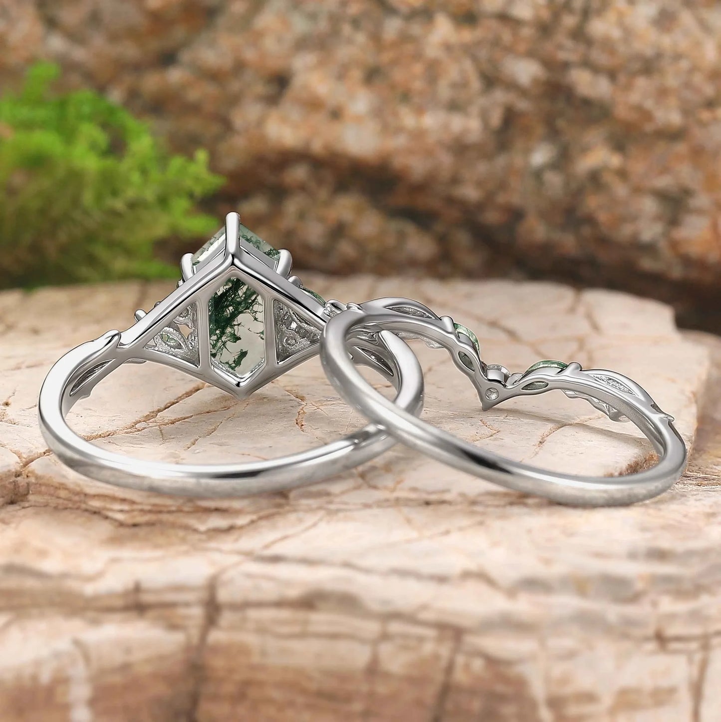 Unique Hexagon Cut Moss Agate Vine Leaf Gemstone Ring Set 2pcs
