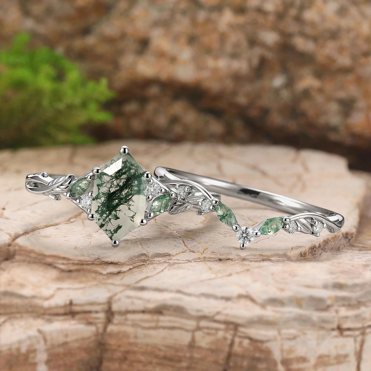 Unique Hexagon Cut Moss Agate Vine Leaf Gemstone Ring Set 2pcs