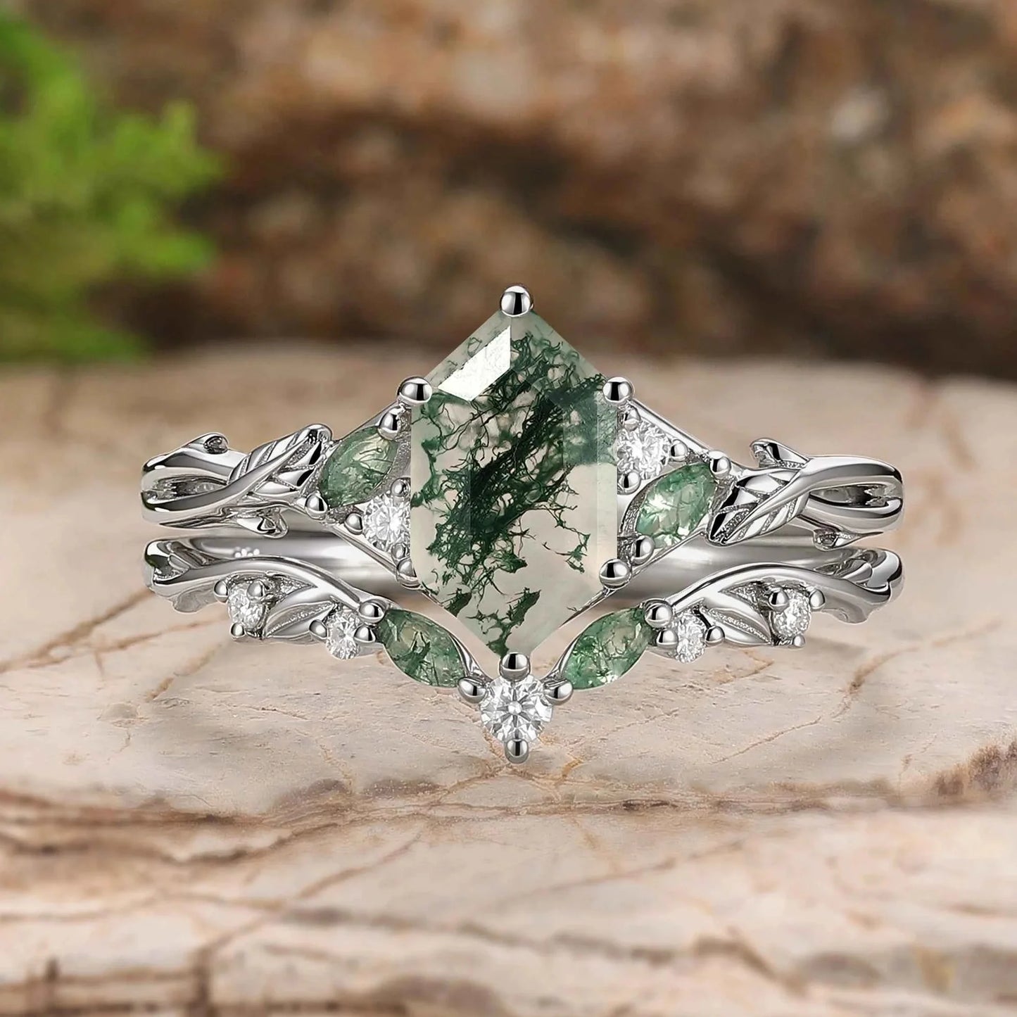 Unique Hexagon Cut Moss Agate Vine Leaf Gemstone Ring Set 2pcs