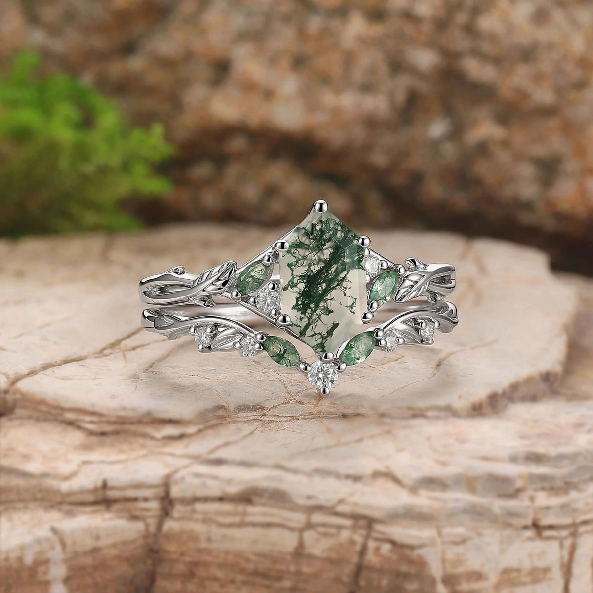 Unique Hexagon Cut Moss Agate Vine Leaf Gemstone Ring Set 2pcs