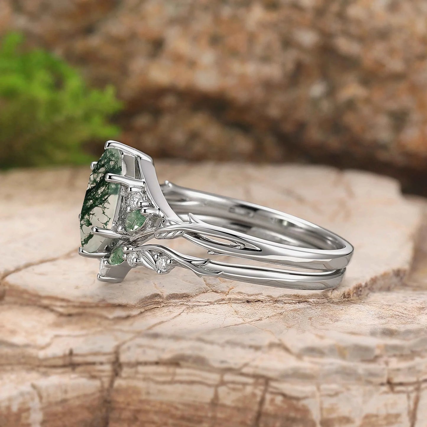 Unique Hexagon Cut Moss Agate Vine Leaf Gemstone Ring Set 2pcs