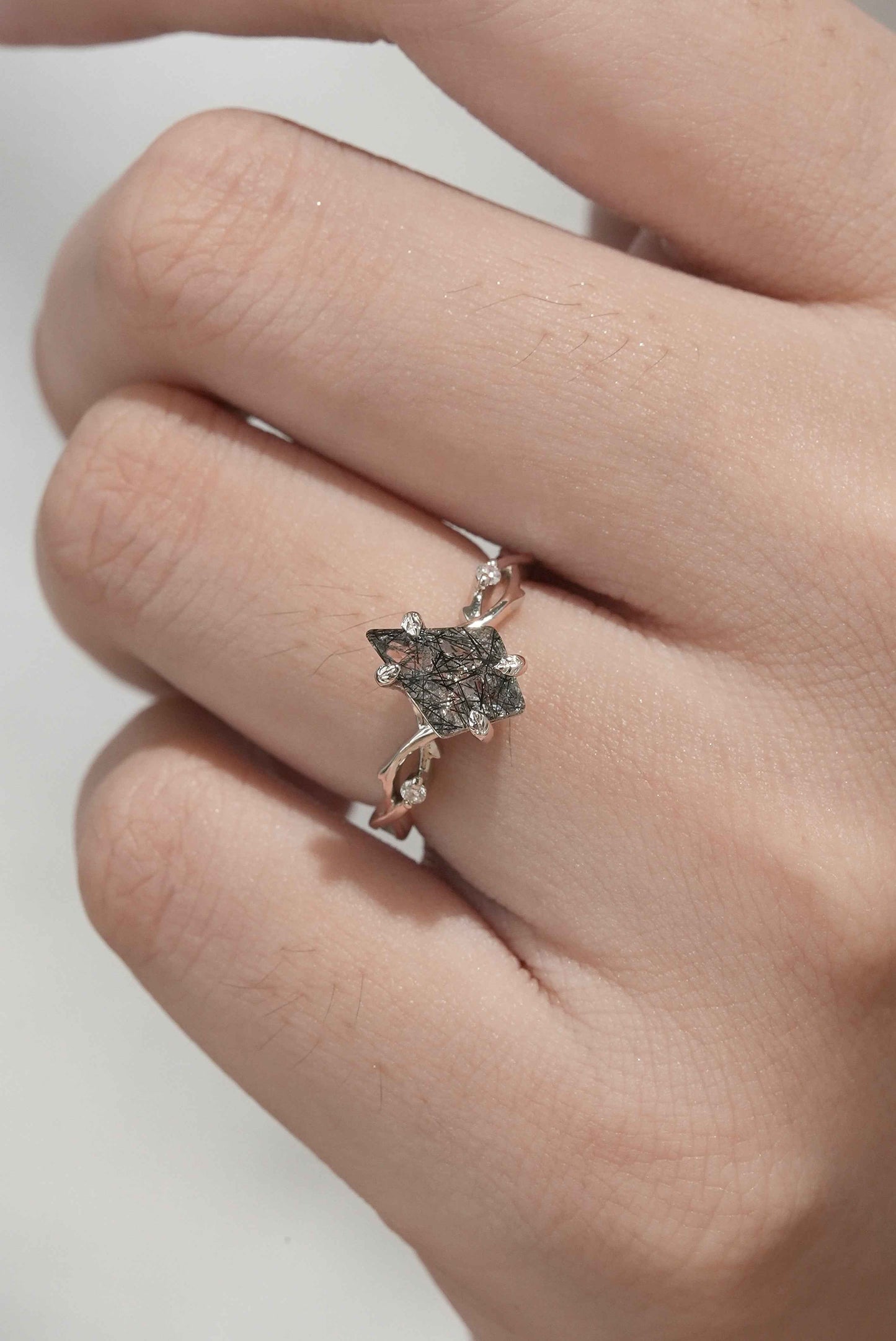 Unique Kite Cut Black Rutilated Quartz Leaf and Vine Gemstone Ring