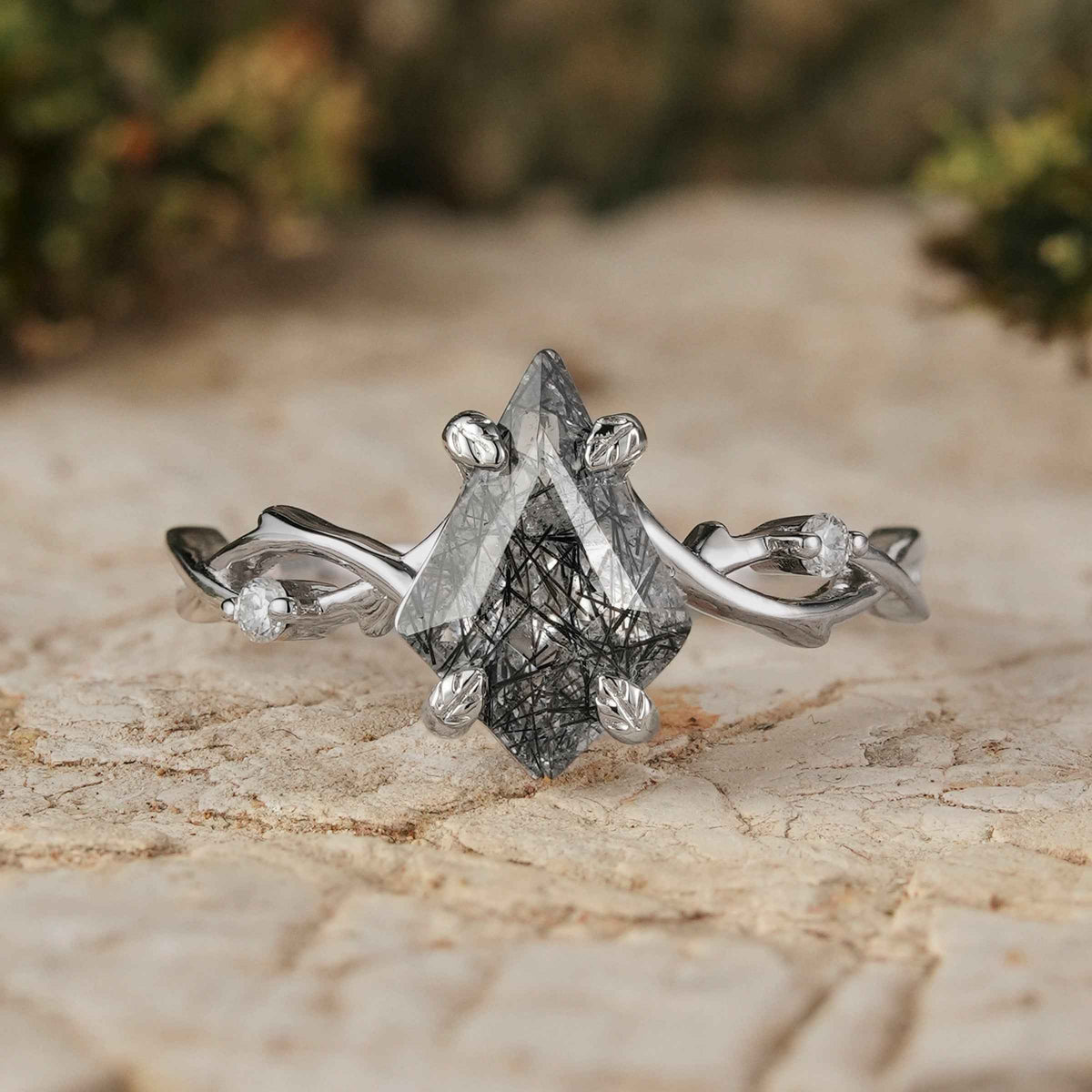 Unique Kite Cut Black Rutilated Quartz Leaf and Vine Gemstone Ring