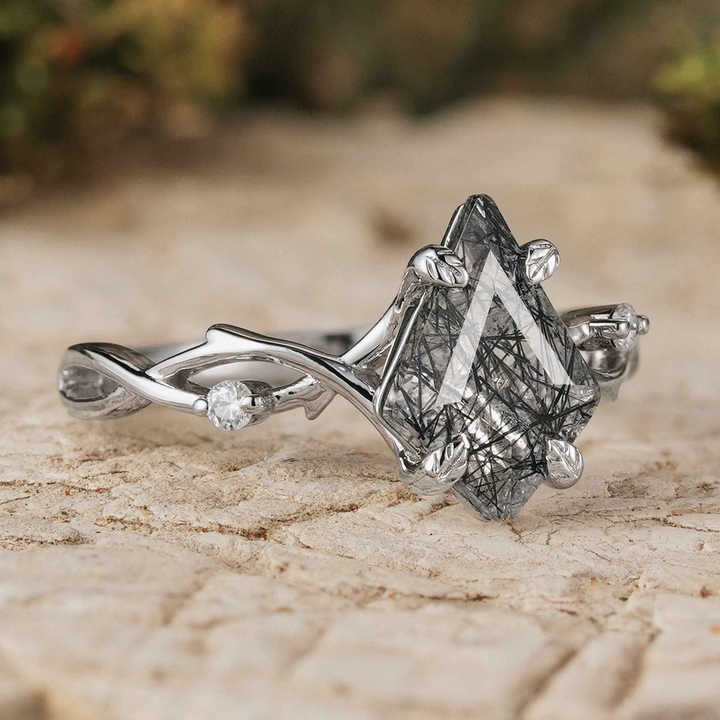 Unique Kite Cut Black Rutilated Quartz Leaf and Vine Gemstone Ring